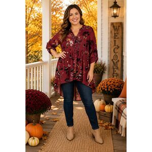 Masseys L Burgundy Floral High Low Sheer Metallic Roll Tab 3/4 Sleeve Blouse #17